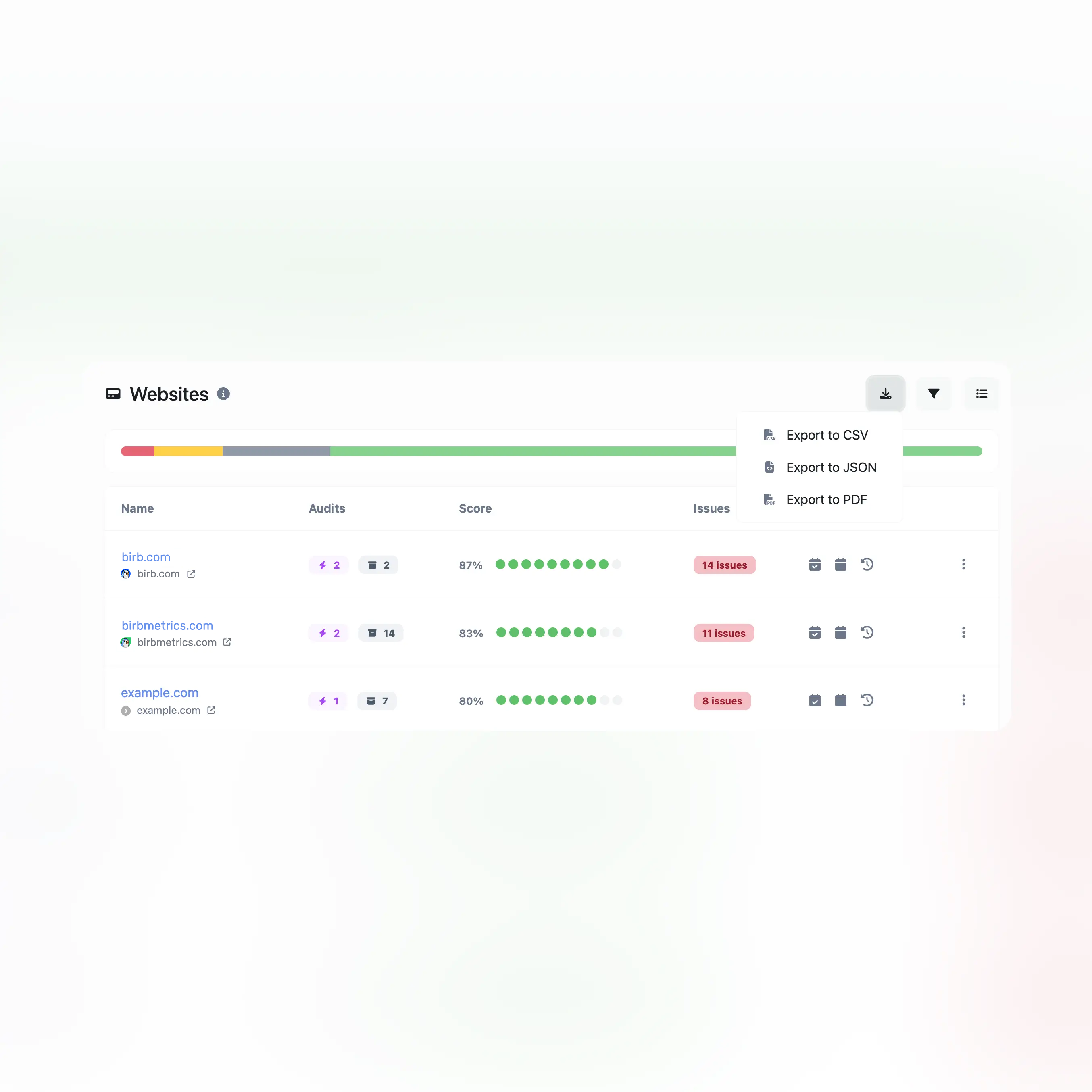 Screenshot of the app CSV, PDF, CSV exporting features